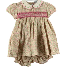 20221-Tan Floral Smocked Baby Girl Dress with Panty