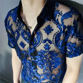 Aidase Transparent Blue Floral Shirt Masculine Soft Velvet Slim-fit Men's Clothing Nightclub Short-sleeved Sexy Shirt See Through