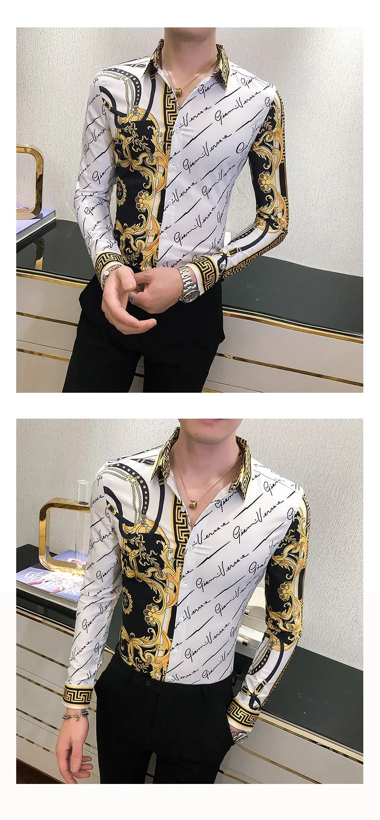 Autumn Man Vintage Printed Social Black Shirts Luxury Men's White Slim Fit Long Sleeve Dress Shirt Fashion Casual Chemise Homme