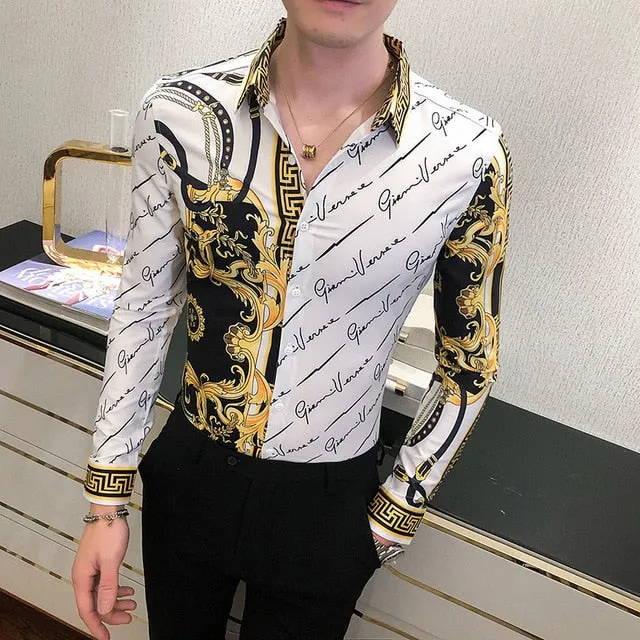 Autumn Man Vintage Printed Social Black Shirts Luxury Men's White Slim Fit Long Sleeve Dress Shirt Fashion Casual Chemise Homme