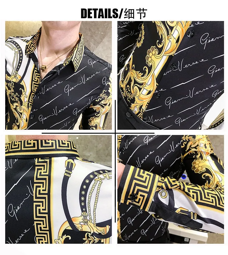 Autumn Man Vintage Printed Social Black Shirts Luxury Men's White Slim Fit Long Sleeve Dress Shirt Fashion Casual Chemise Homme
