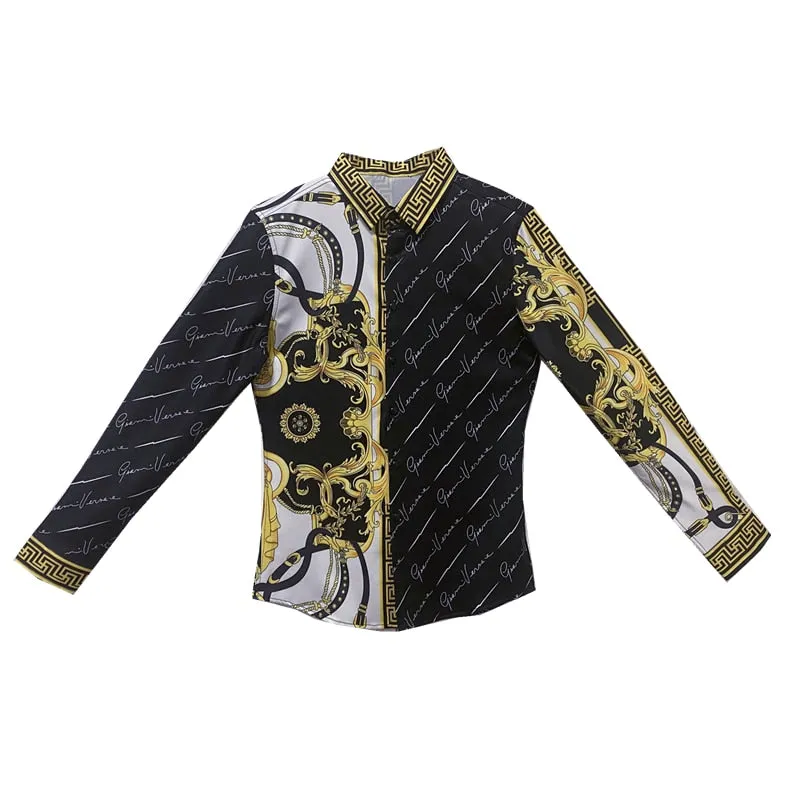 Autumn Man Vintage Printed Social Black Shirts Luxury Men's White Slim Fit Long Sleeve Dress Shirt Fashion Casual Chemise Homme