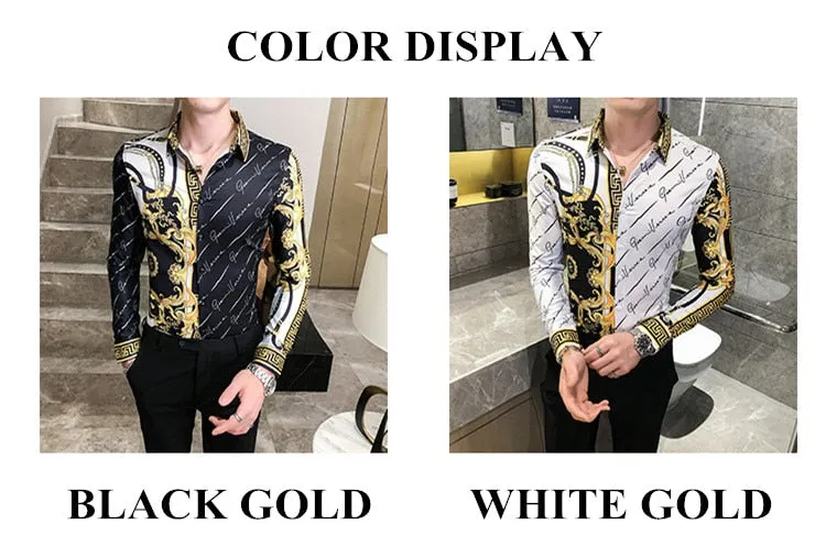 Autumn Man Vintage Printed Social Black Shirts Luxury Men's White Slim Fit Long Sleeve Dress Shirt Fashion Casual Chemise Homme