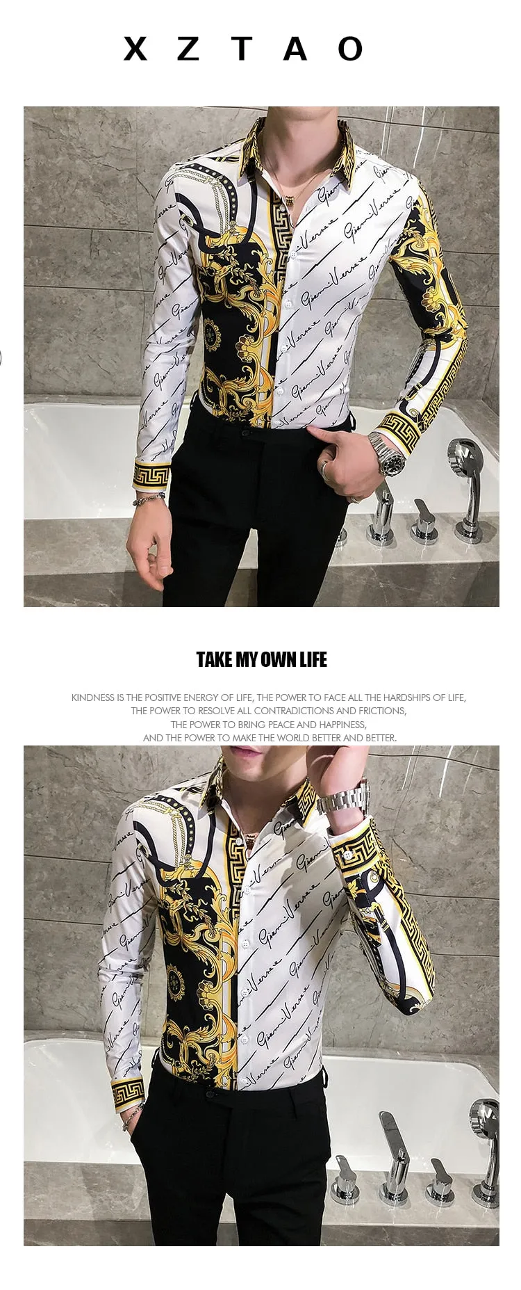 Autumn Man Vintage Printed Social Black Shirts Luxury Men's White Slim Fit Long Sleeve Dress Shirt Fashion Casual Chemise Homme