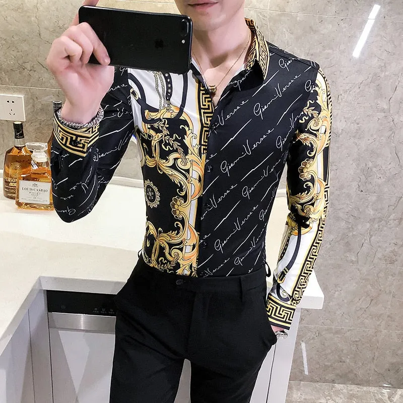 Autumn Man Vintage Printed Social Black Shirts Luxury Men's White Slim Fit Long Sleeve Dress Shirt Fashion Casual Chemise Homme