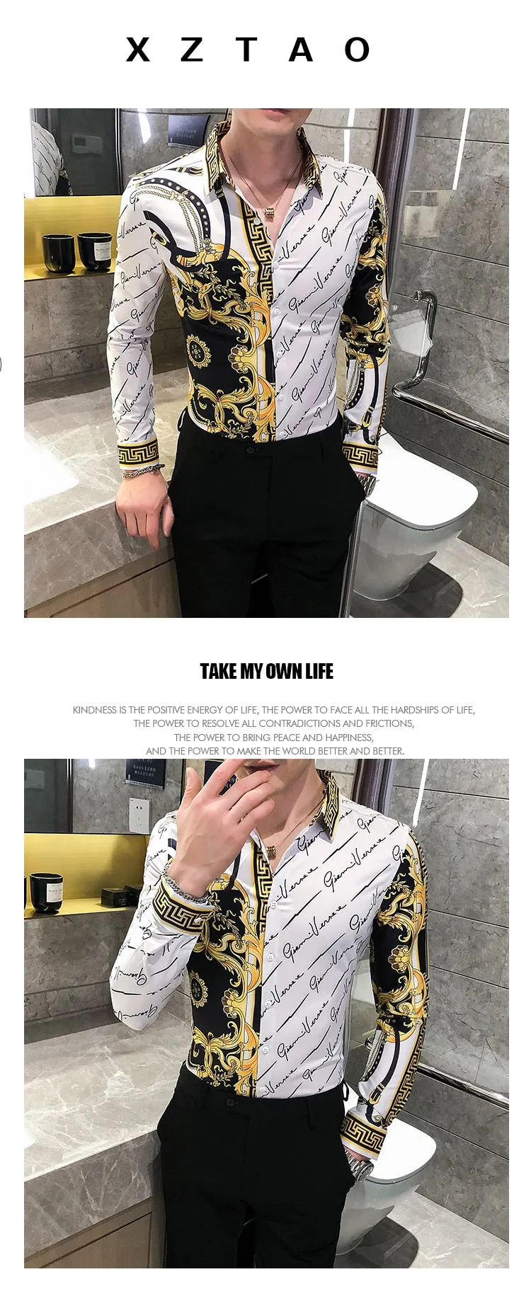 Autumn Man Vintage Printed Social Black Shirts Luxury Men's White Slim Fit Long Sleeve Dress Shirt Fashion Casual Chemise Homme