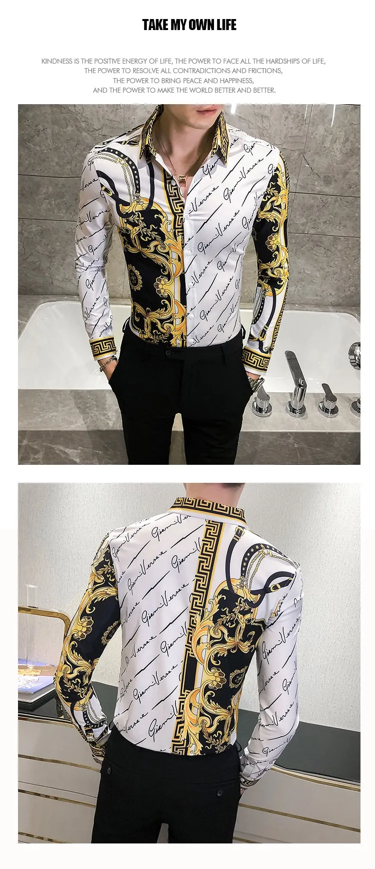 Autumn Man Vintage Printed Social Black Shirts Luxury Men's White Slim Fit Long Sleeve Dress Shirt Fashion Casual Chemise Homme