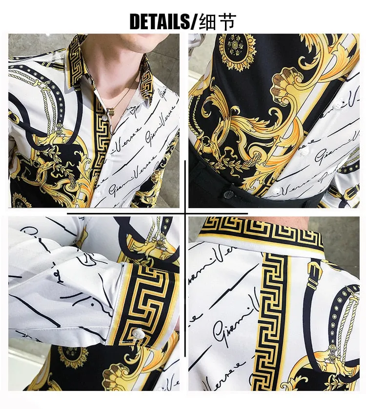 Autumn Man Vintage Printed Social Black Shirts Luxury Men's White Slim Fit Long Sleeve Dress Shirt Fashion Casual Chemise Homme