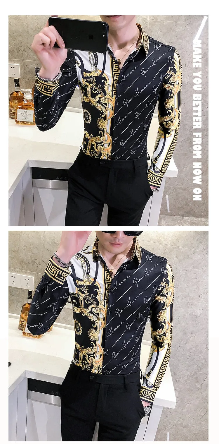 Autumn Man Vintage Printed Social Black Shirts Luxury Men's White Slim Fit Long Sleeve Dress Shirt Fashion Casual Chemise Homme