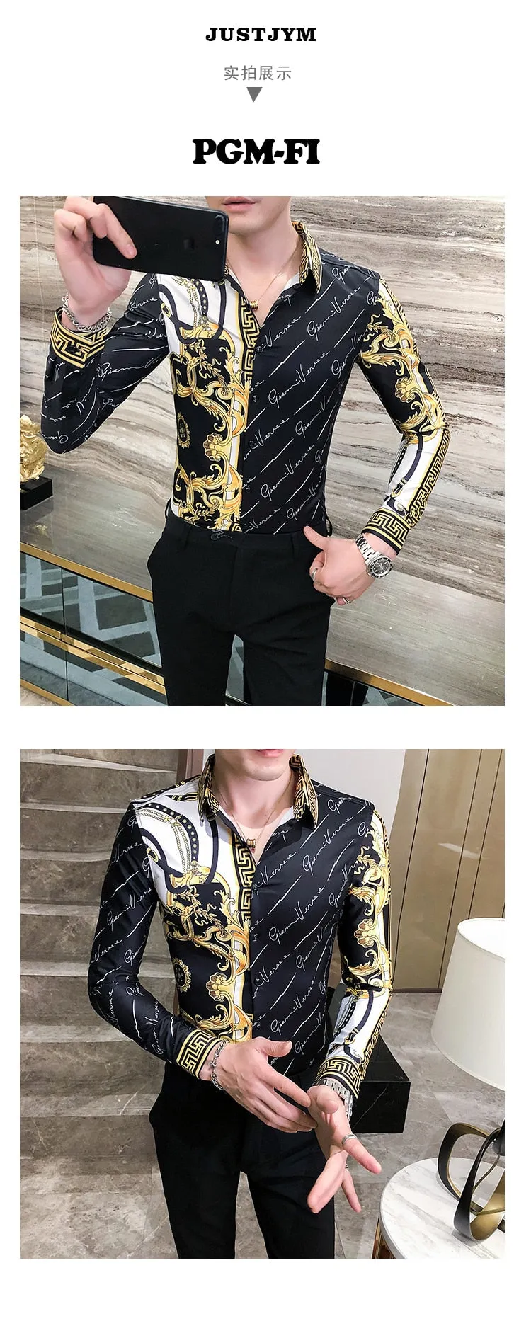 Autumn Man Vintage Printed Social Black Shirts Luxury Men's White Slim Fit Long Sleeve Dress Shirt Fashion Casual Chemise Homme