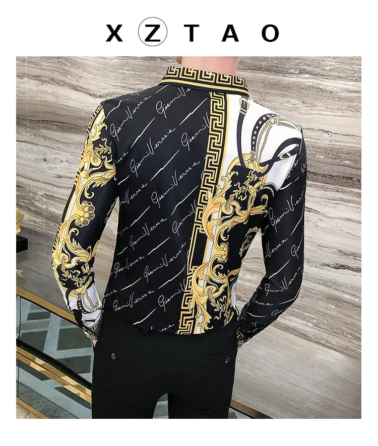 Autumn Man Vintage Printed Social Black Shirts Luxury Men's White Slim Fit Long Sleeve Dress Shirt Fashion Casual Chemise Homme