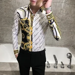 Autumn Man Vintage Printed Social Black Shirts Luxury Men's White Slim Fit Long Sleeve Dress Shirt Fashion Casual Chemise Homme