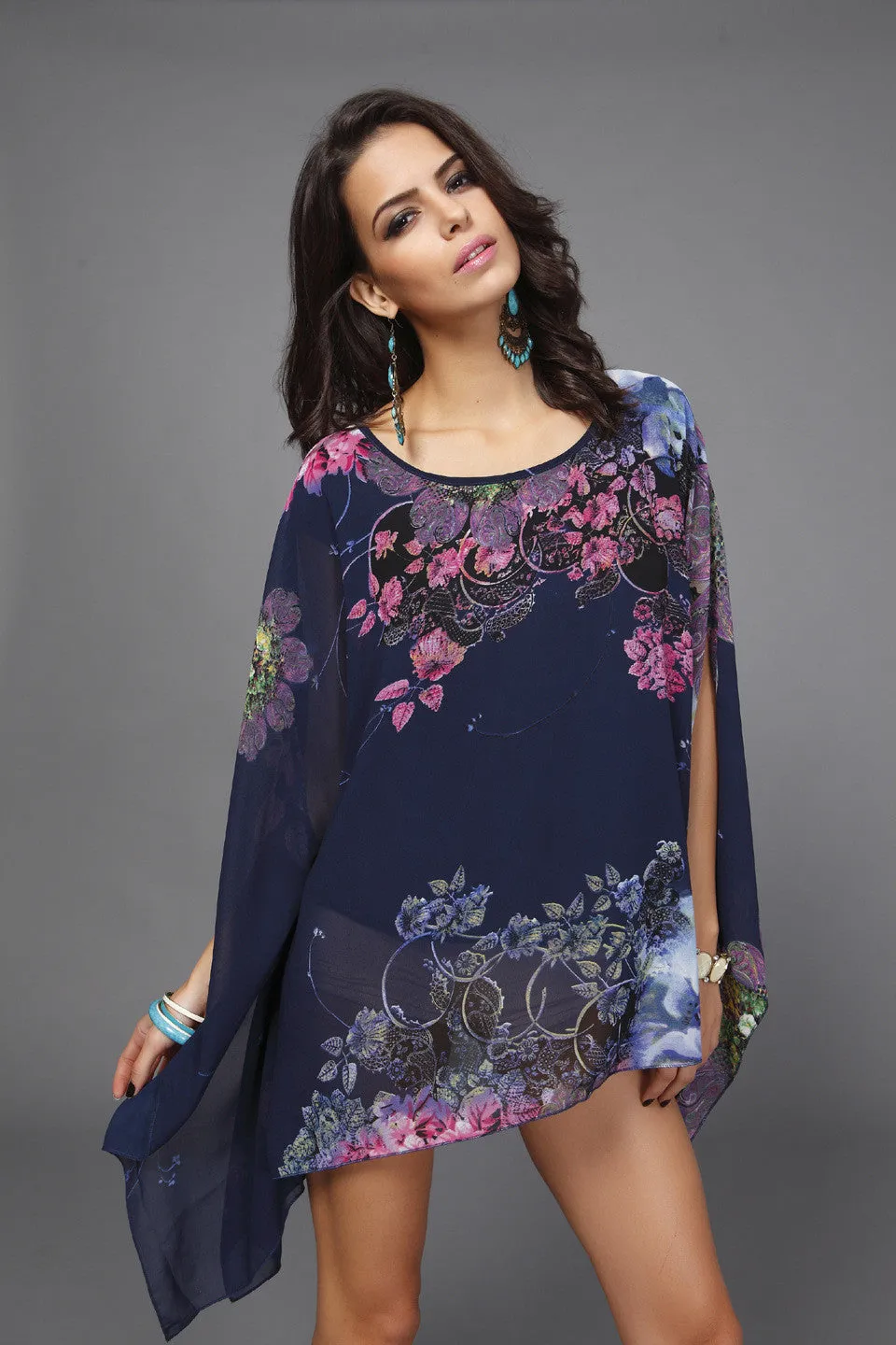 Beautiful Chiffon Plus Size Floral Print Batwing-Sleeved Blouse