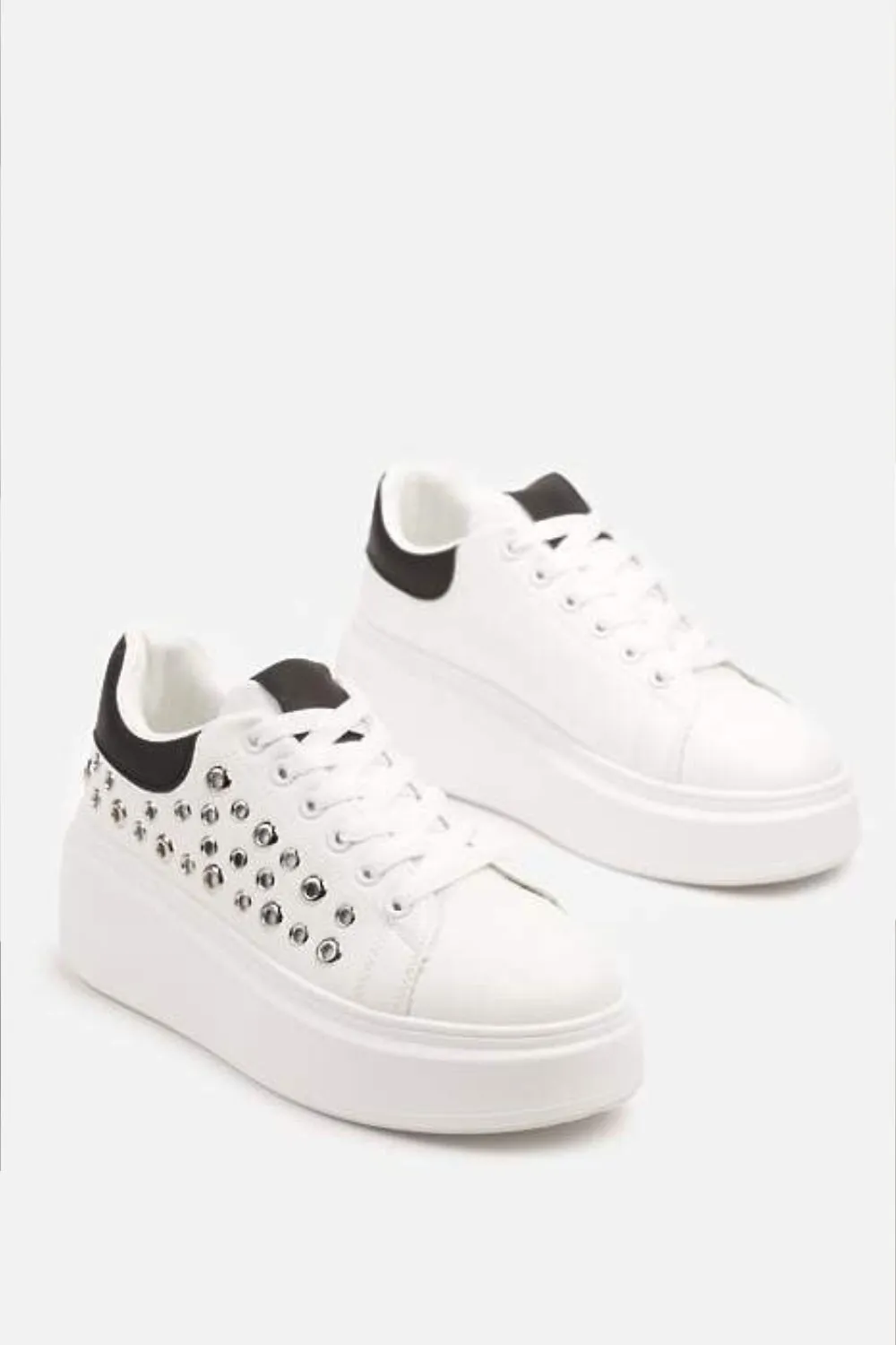 BLACK LACE UP SIDE DETAIL CHUNKY STYLISH FLAT TRAINERS
