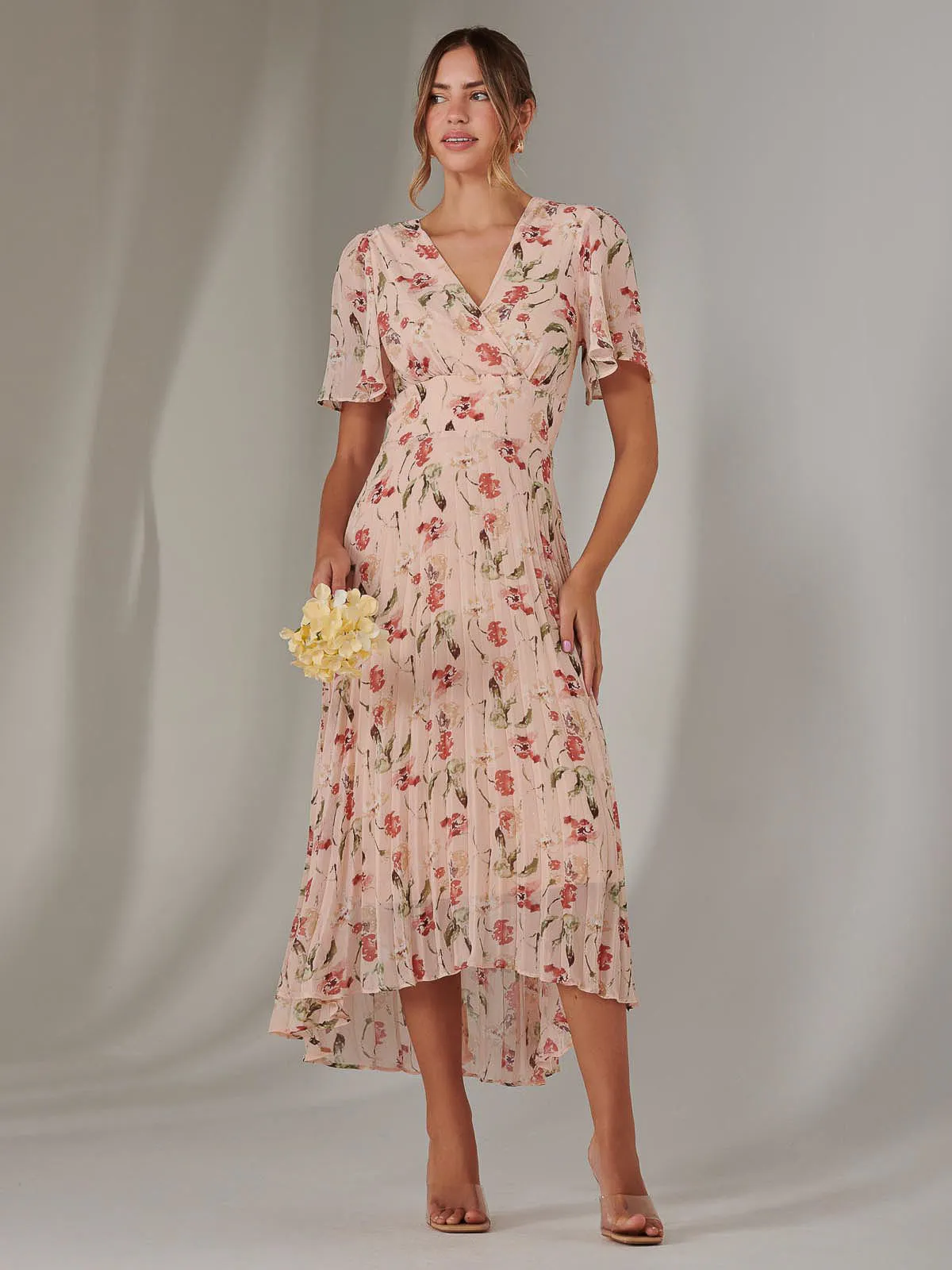 Charlotte Pleated Chiffon Midaxi Dress, Beige Floral