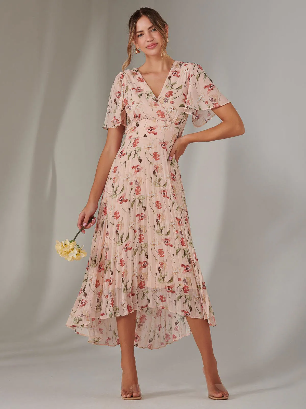 Charlotte Pleated Chiffon Midaxi Dress, Beige Floral