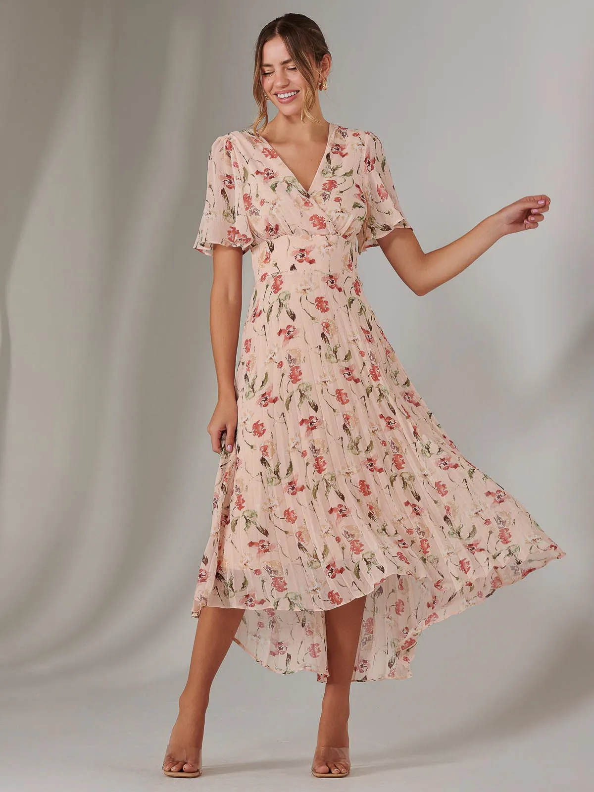 Charlotte Pleated Chiffon Midaxi Dress, Beige Floral