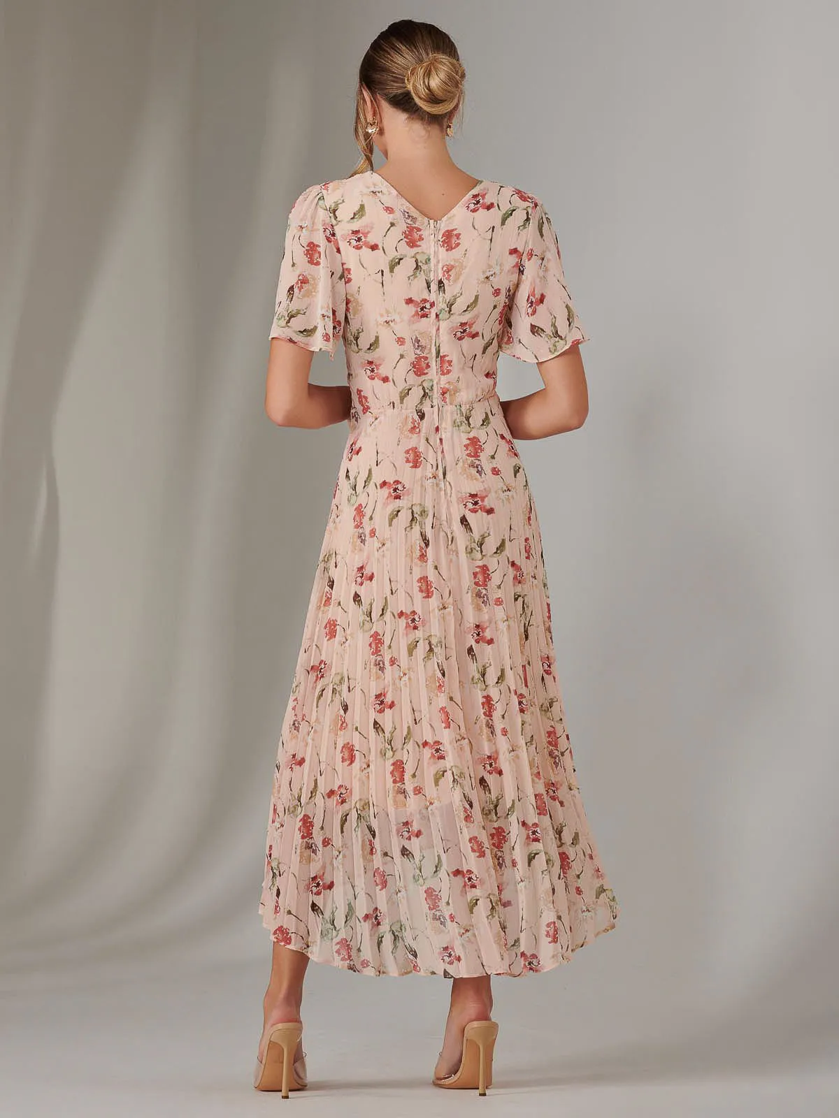 Charlotte Pleated Chiffon Midaxi Dress, Beige Floral