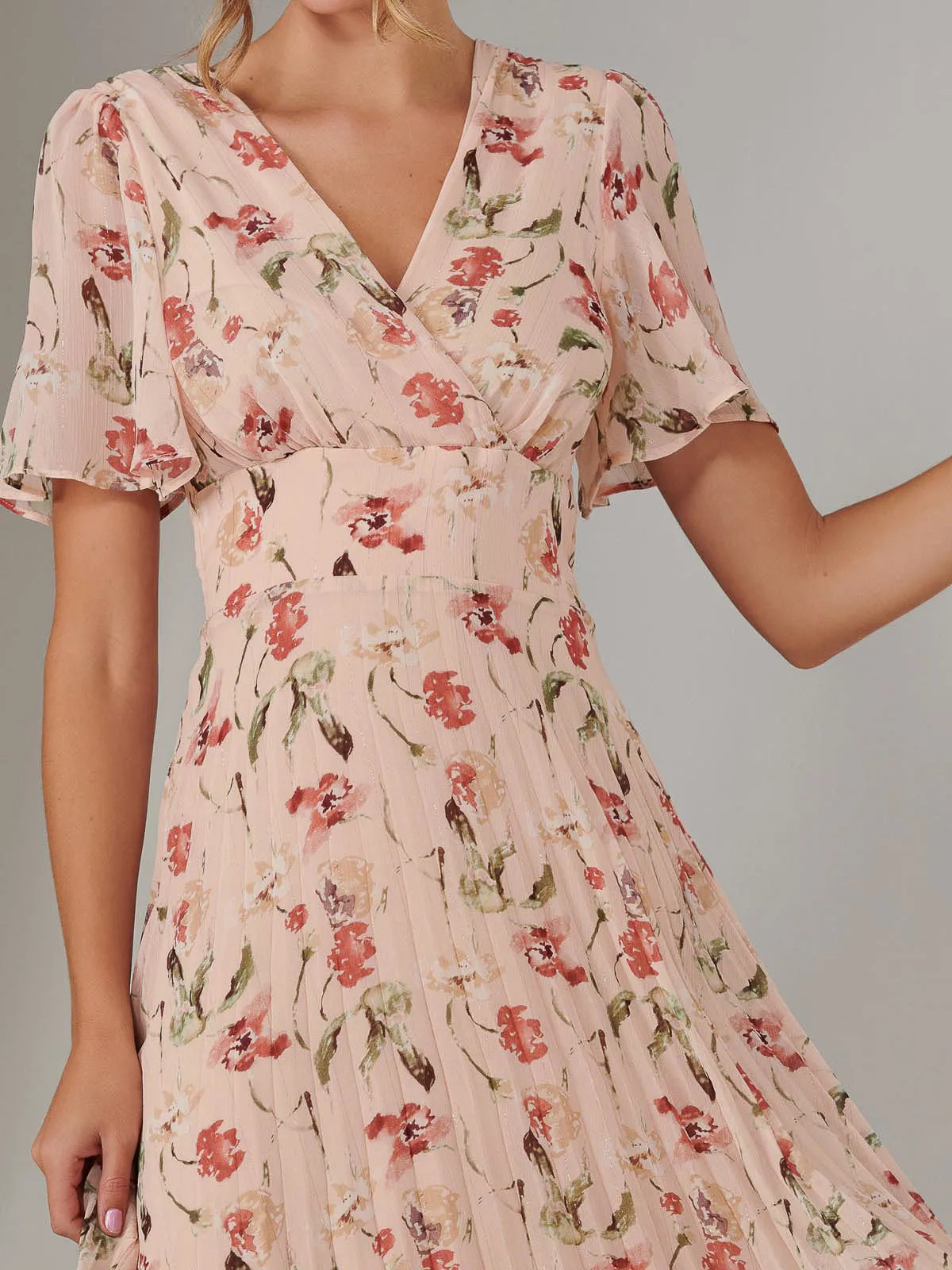 Charlotte Pleated Chiffon Midaxi Dress, Beige Floral