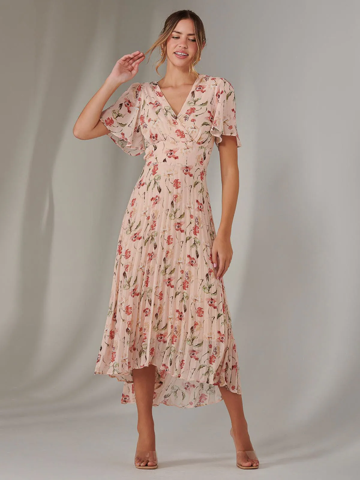 Charlotte Pleated Chiffon Midaxi Dress, Beige Floral