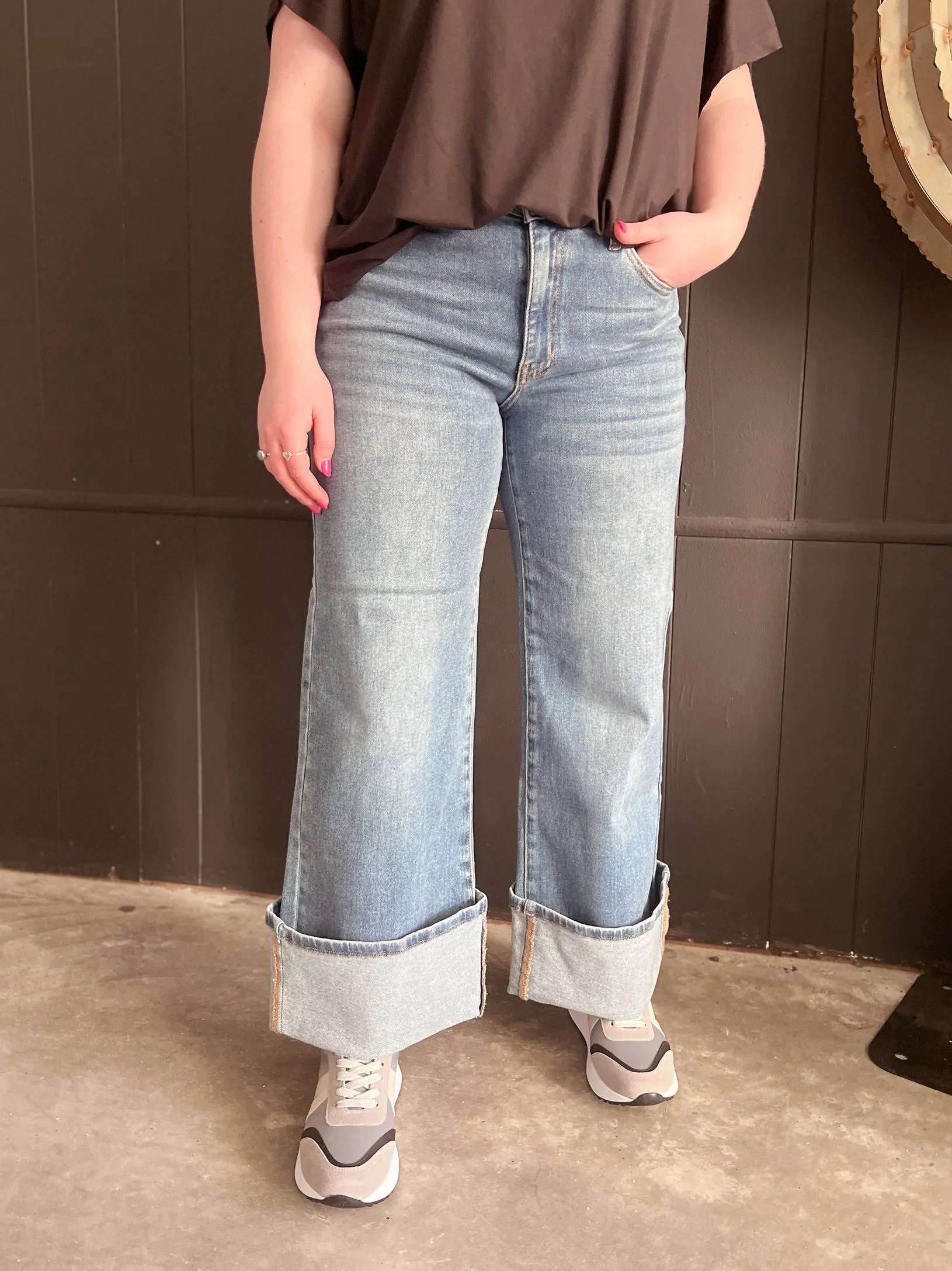 Dual Wear Wide Leg Cuffed Denim Jeans