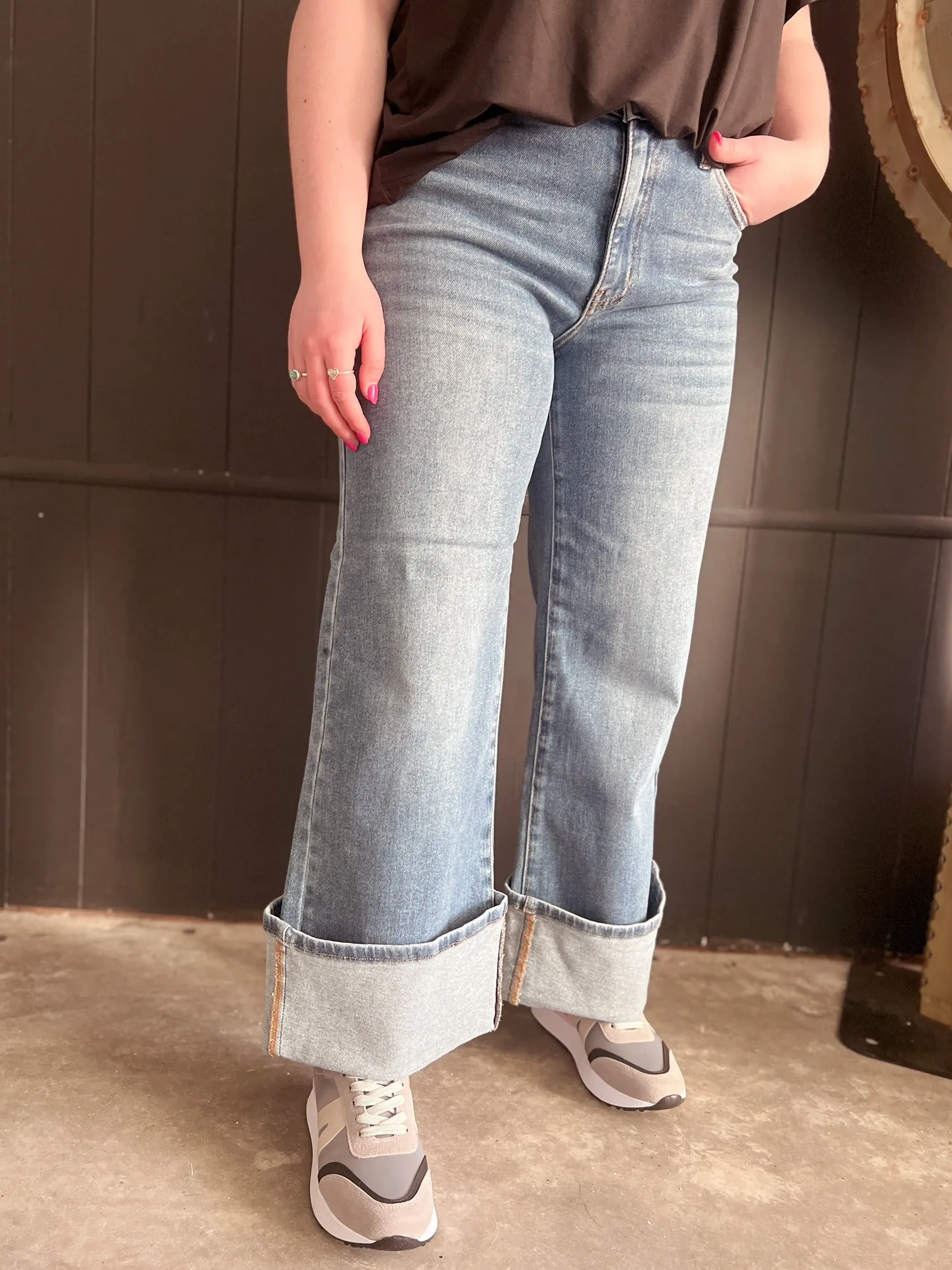 Dual Wear Wide Leg Cuffed Denim Jeans