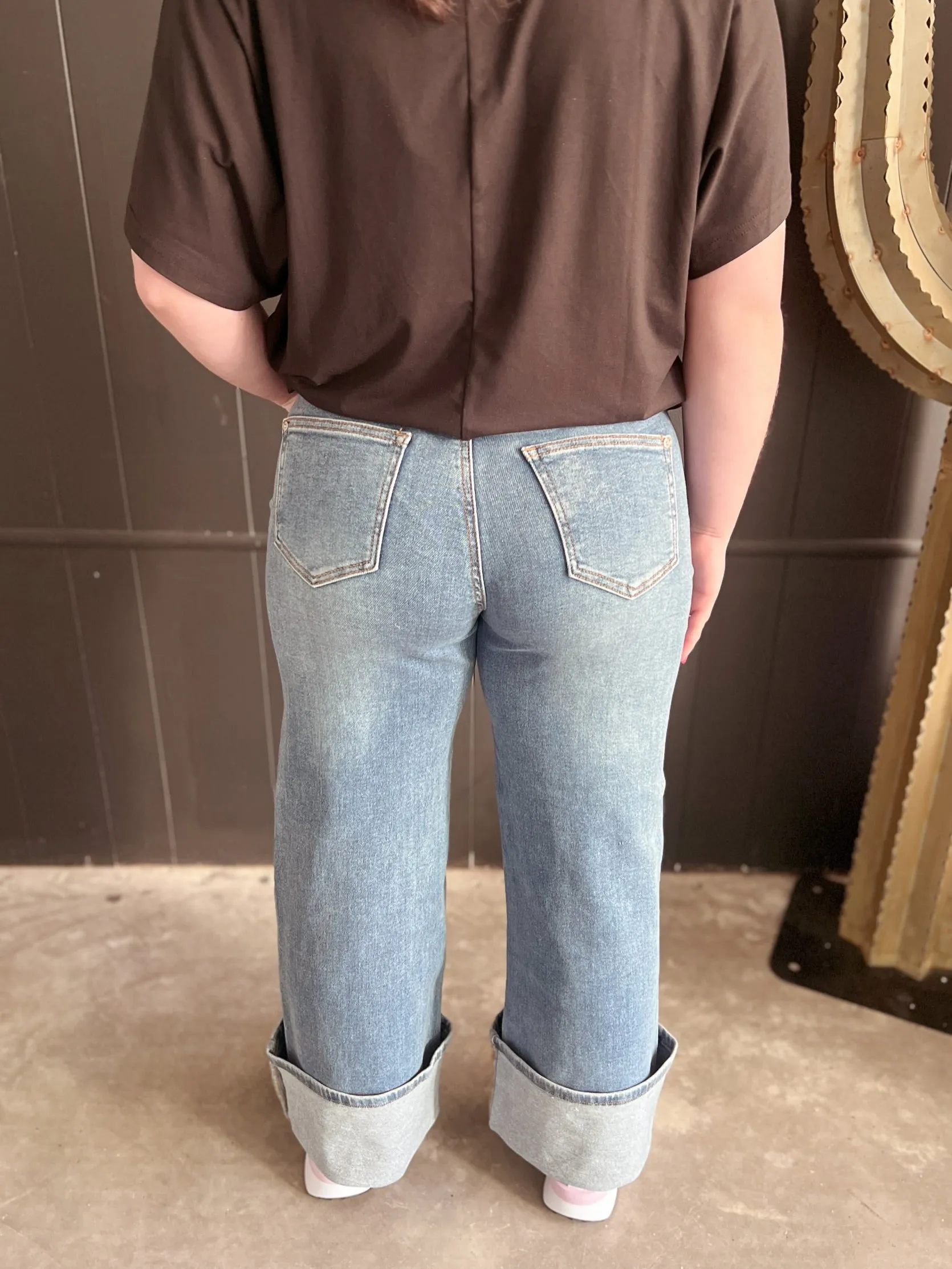 Dual Wear Wide Leg Cuffed Denim Jeans
