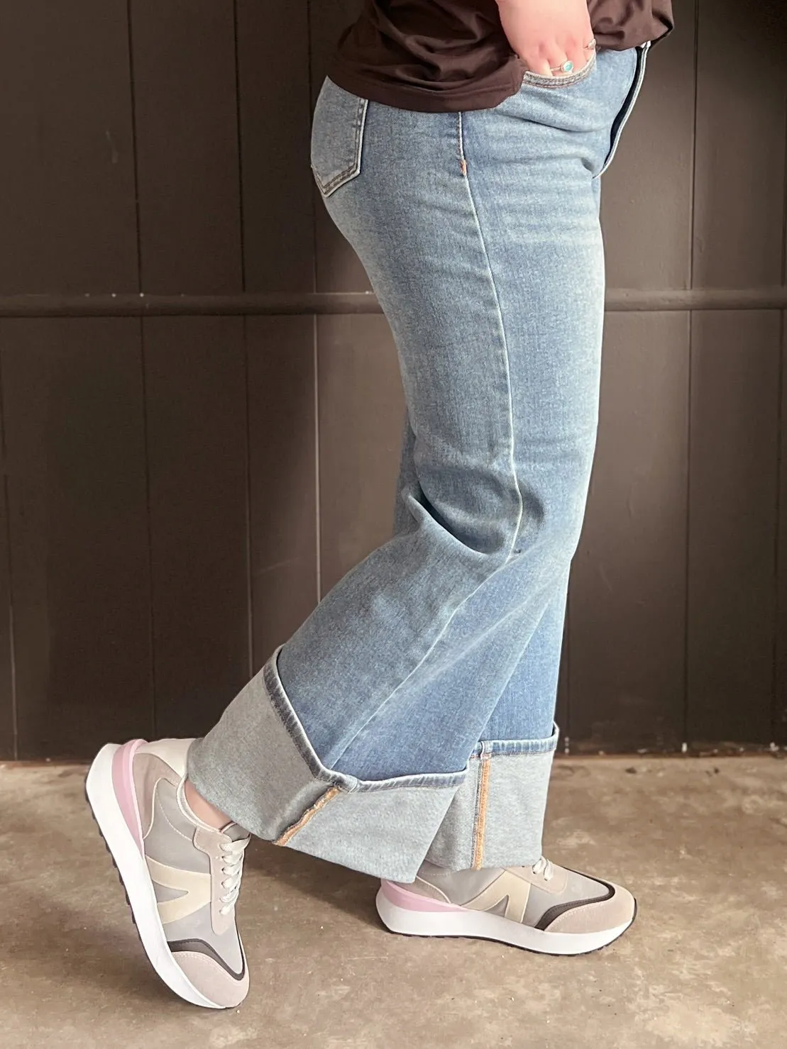 Dual Wear Wide Leg Cuffed Denim Jeans