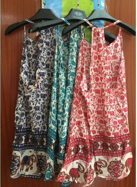 Elephant Floral Spaghetti Strap Sleeveless O-neck Short Dress