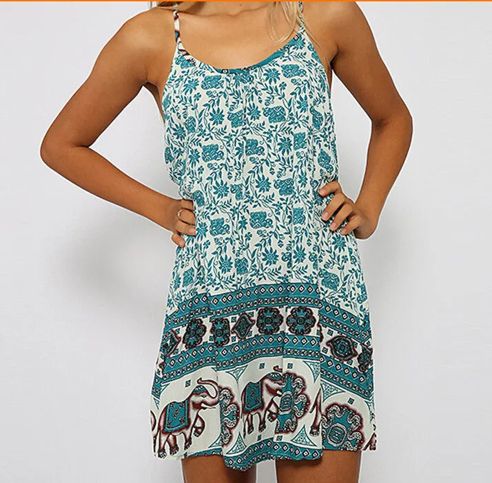 Elephant Floral Spaghetti Strap Sleeveless O-neck Short Dress