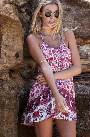 Elephant Floral Spaghetti Strap Sleeveless O-neck Short Dress