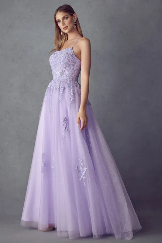 Floral Applique Corset Tulle Gown by Juliet 260