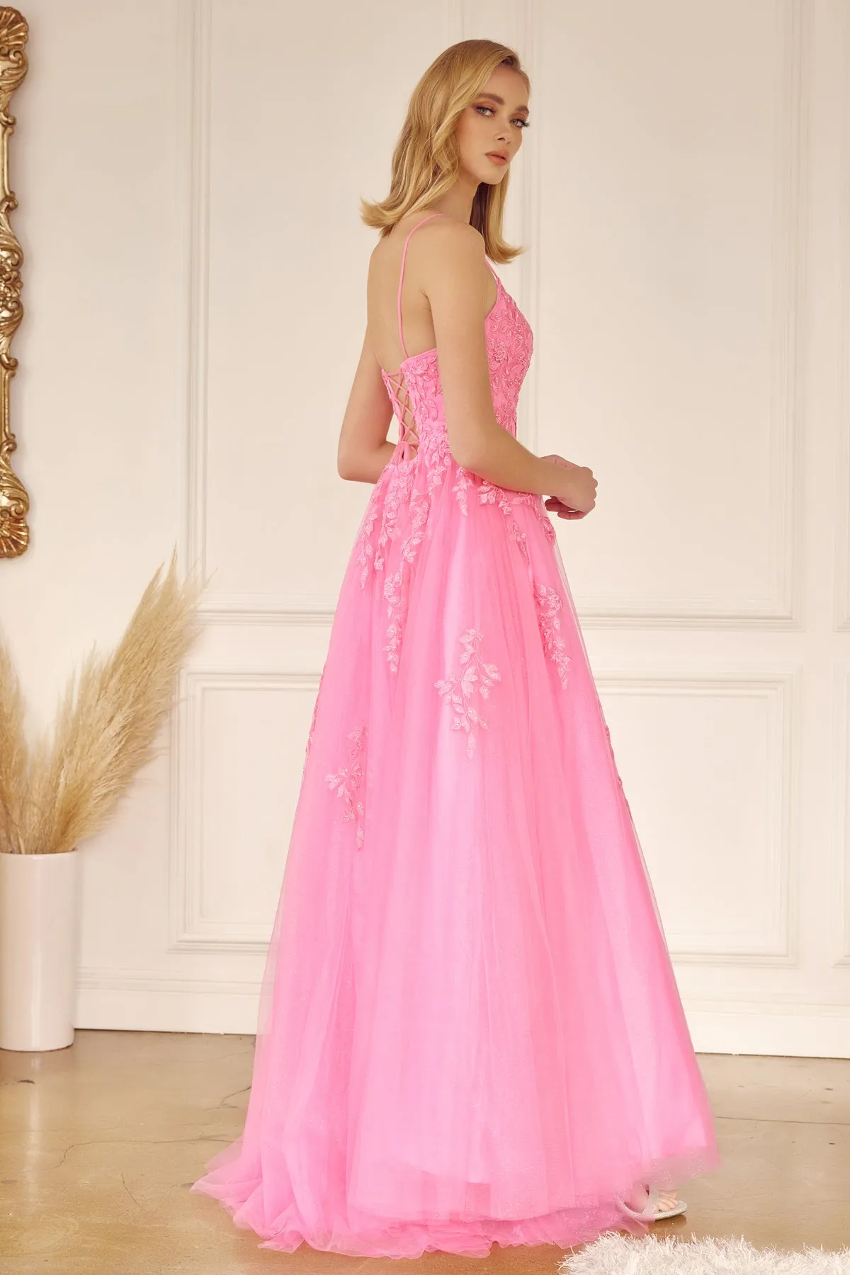 Floral Applique Corset Tulle Gown by Juliet 260