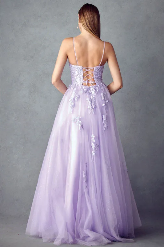 Floral Applique Corset Tulle Gown by Juliet 260