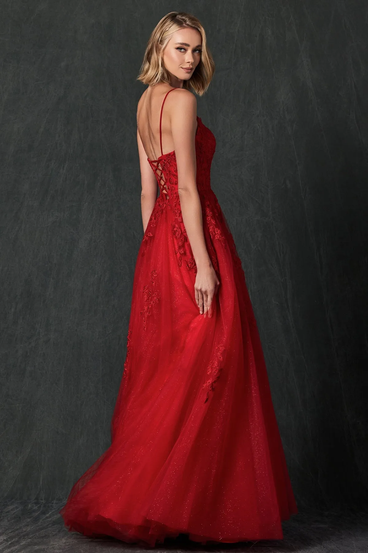 Floral Applique Corset Tulle Gown by Juliet 260