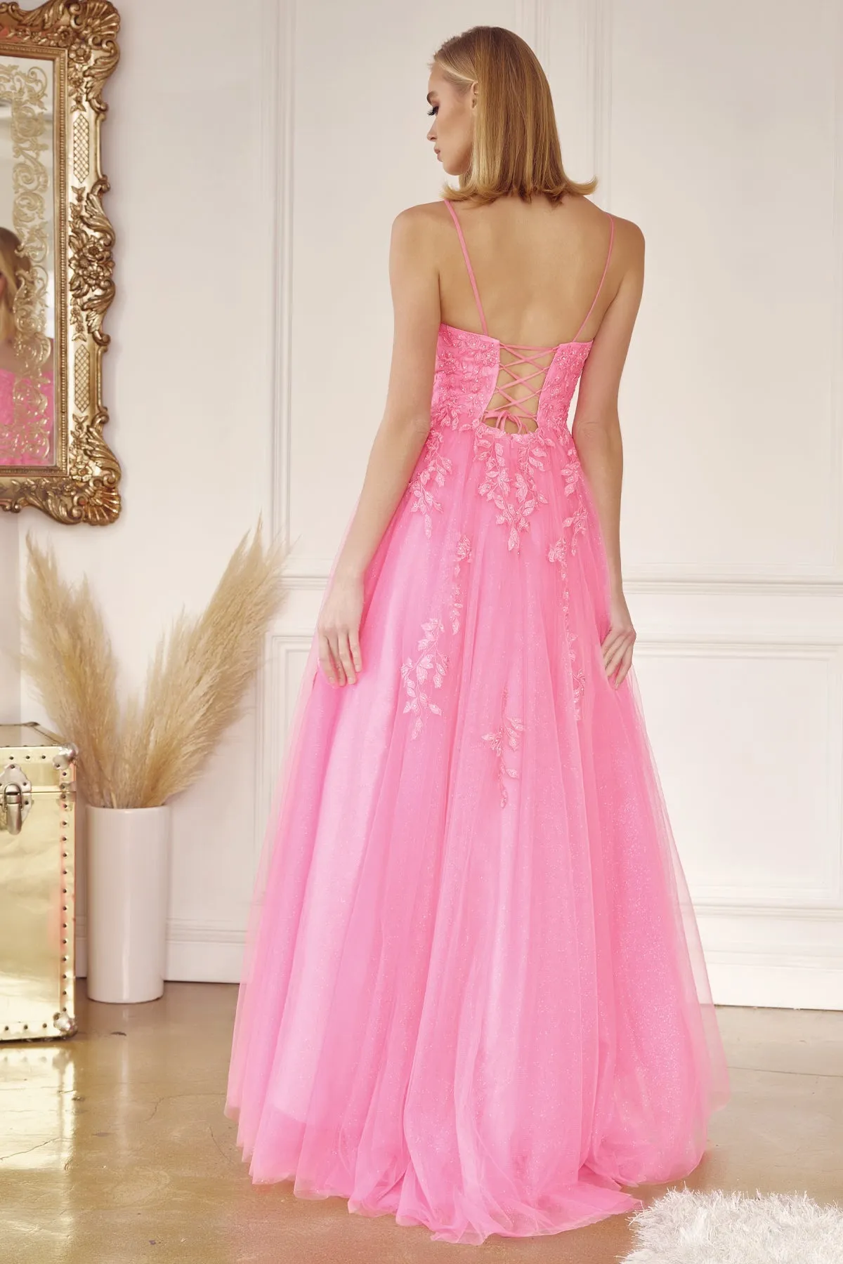 Floral Applique Corset Tulle Gown by Juliet 260