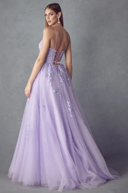 Floral Applique Corset Tulle Gown by Juliet 260