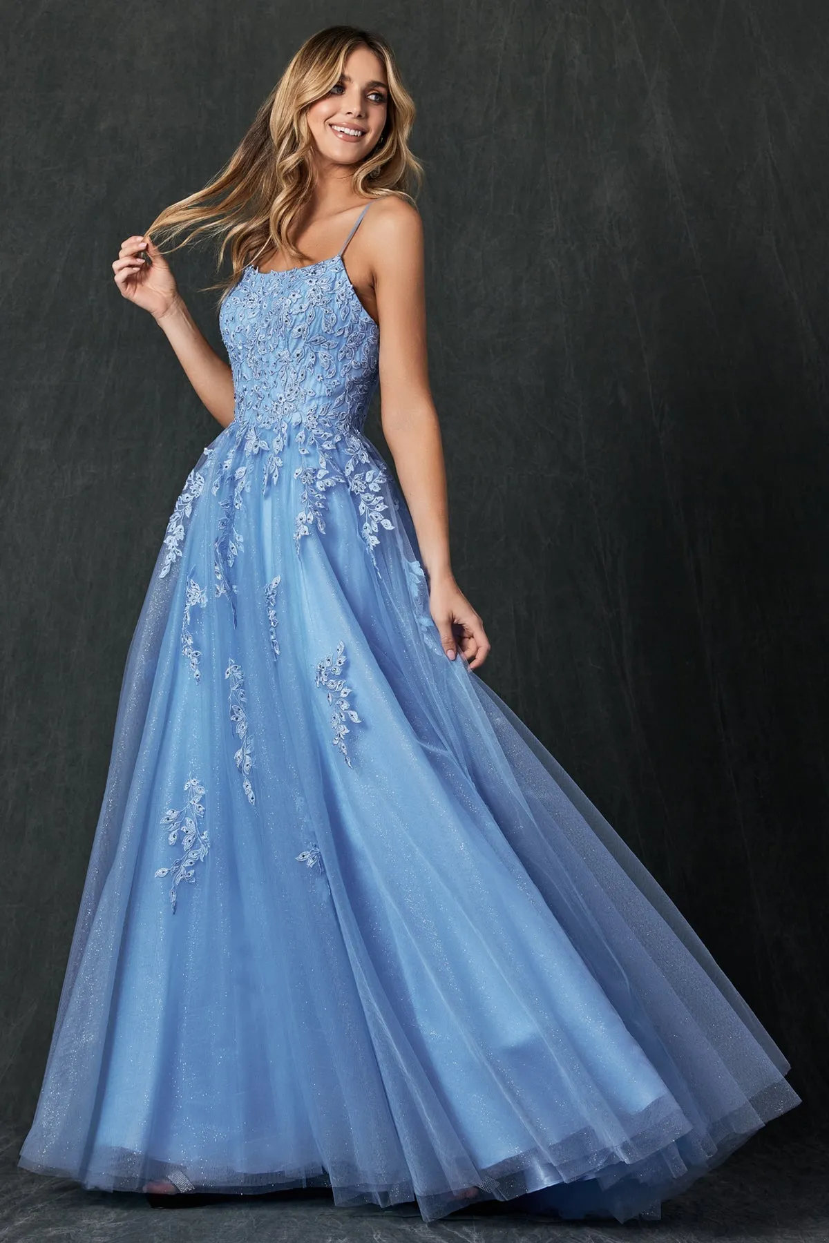 Floral Applique Corset Tulle Gown by Juliet 260