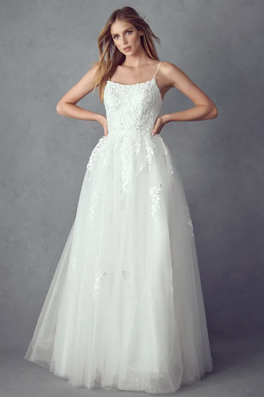 Floral Applique Corset Tulle Gown by Juliet 260