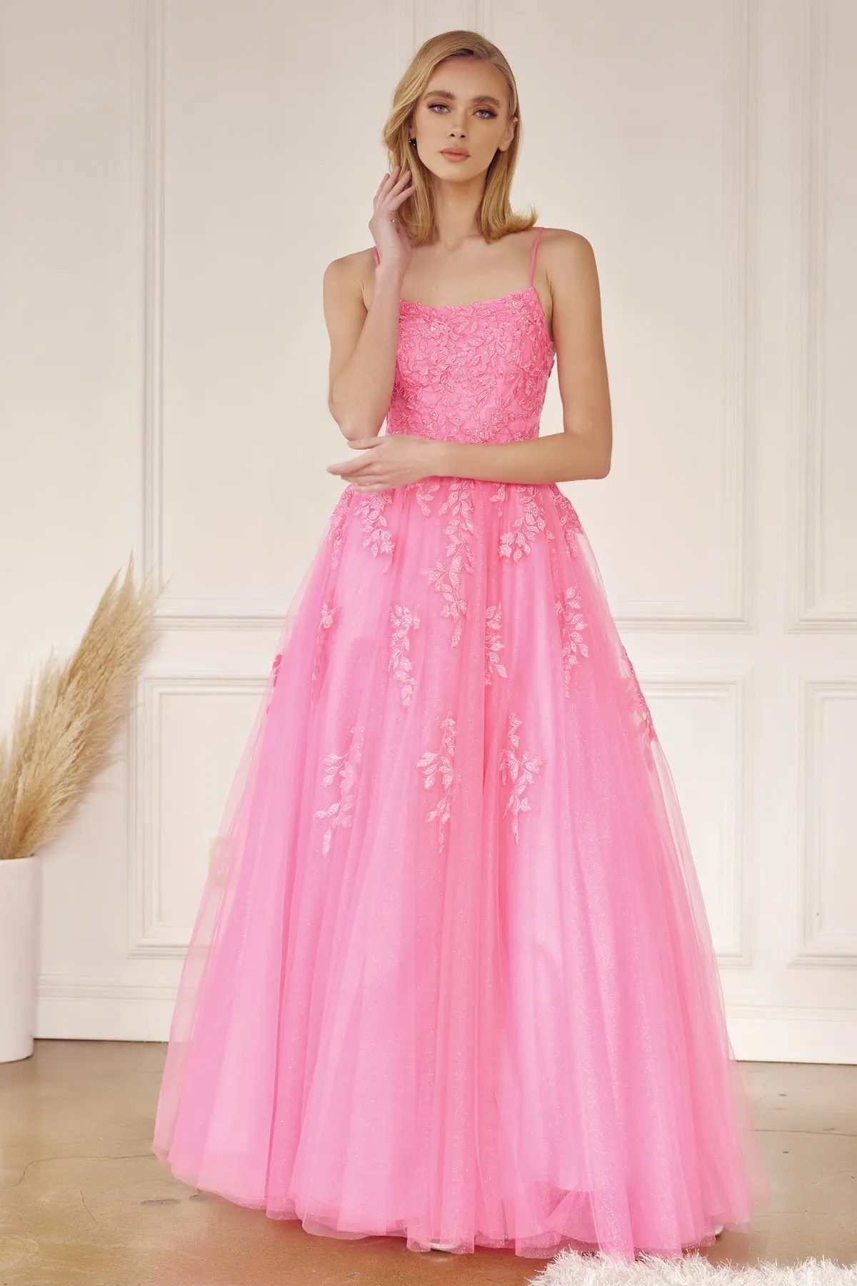 Floral Applique Corset Tulle Gown by Juliet 260
