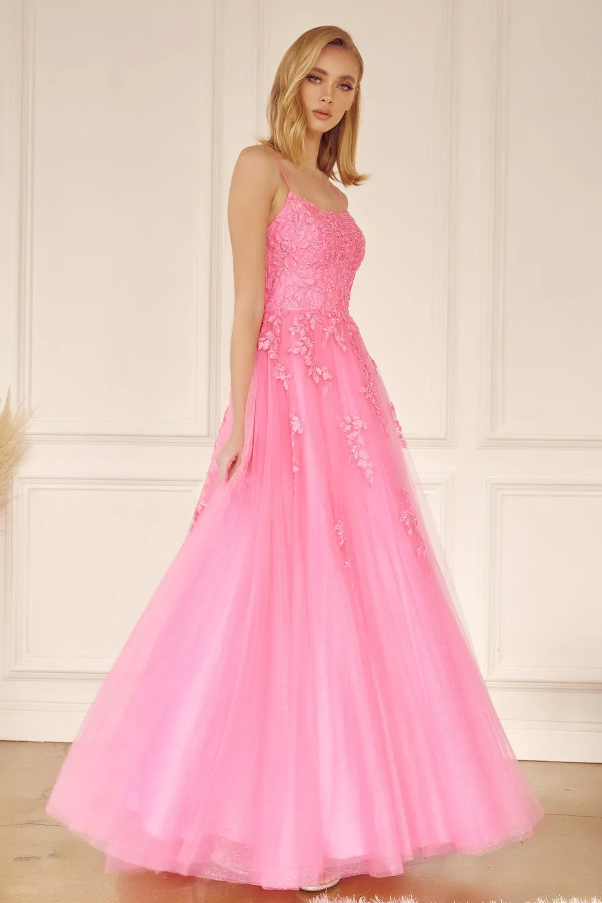 Floral Applique Corset Tulle Gown by Juliet 260