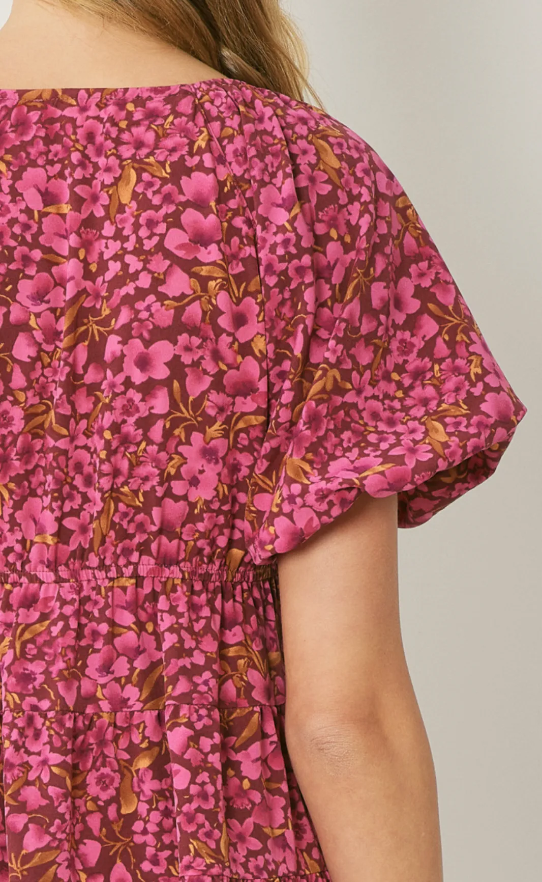 floral print v-neck bubble sleeve mini dress - burgundy