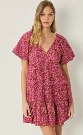 floral print v-neck bubble sleeve mini dress - burgundy