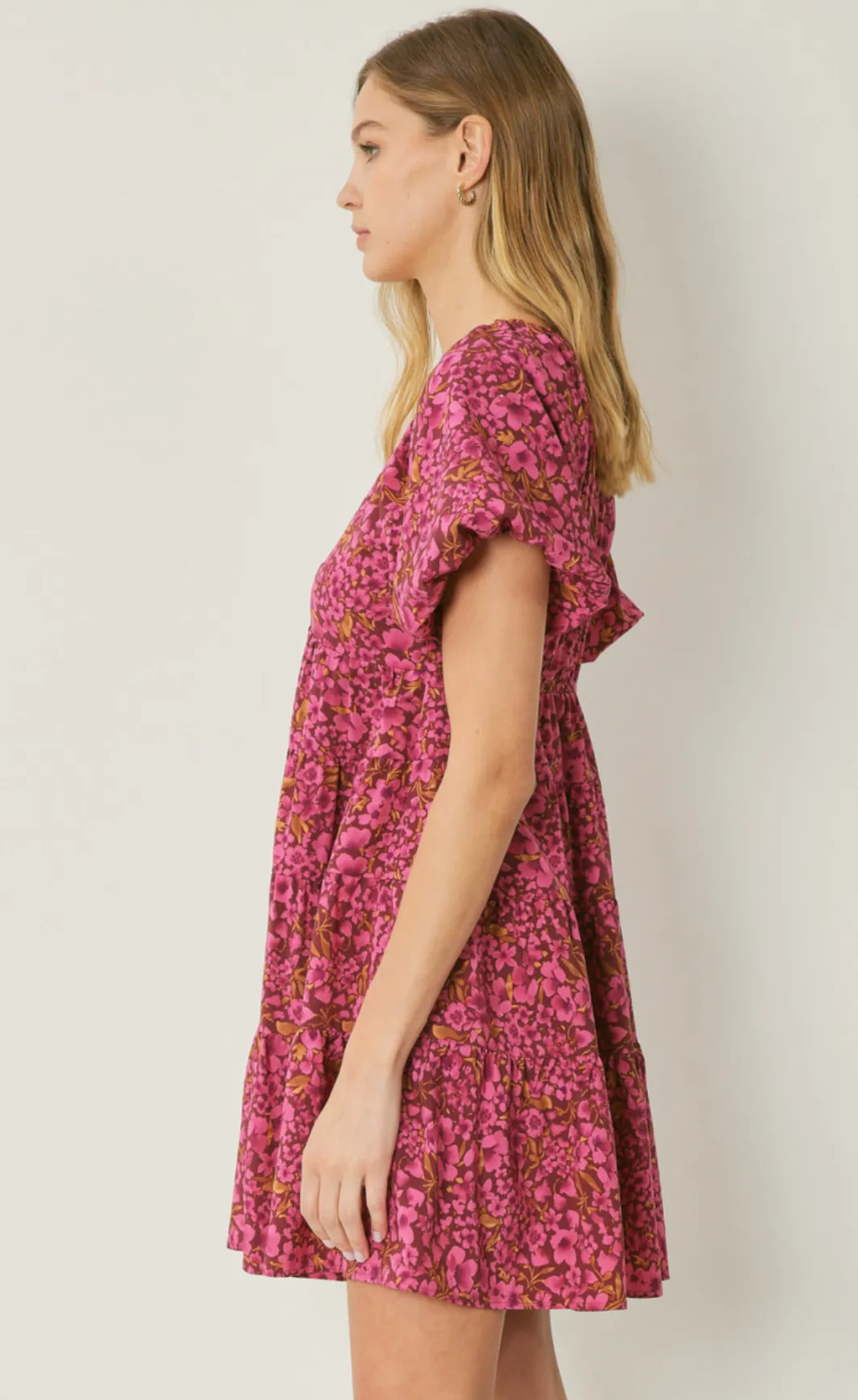 floral print v-neck bubble sleeve mini dress - burgundy