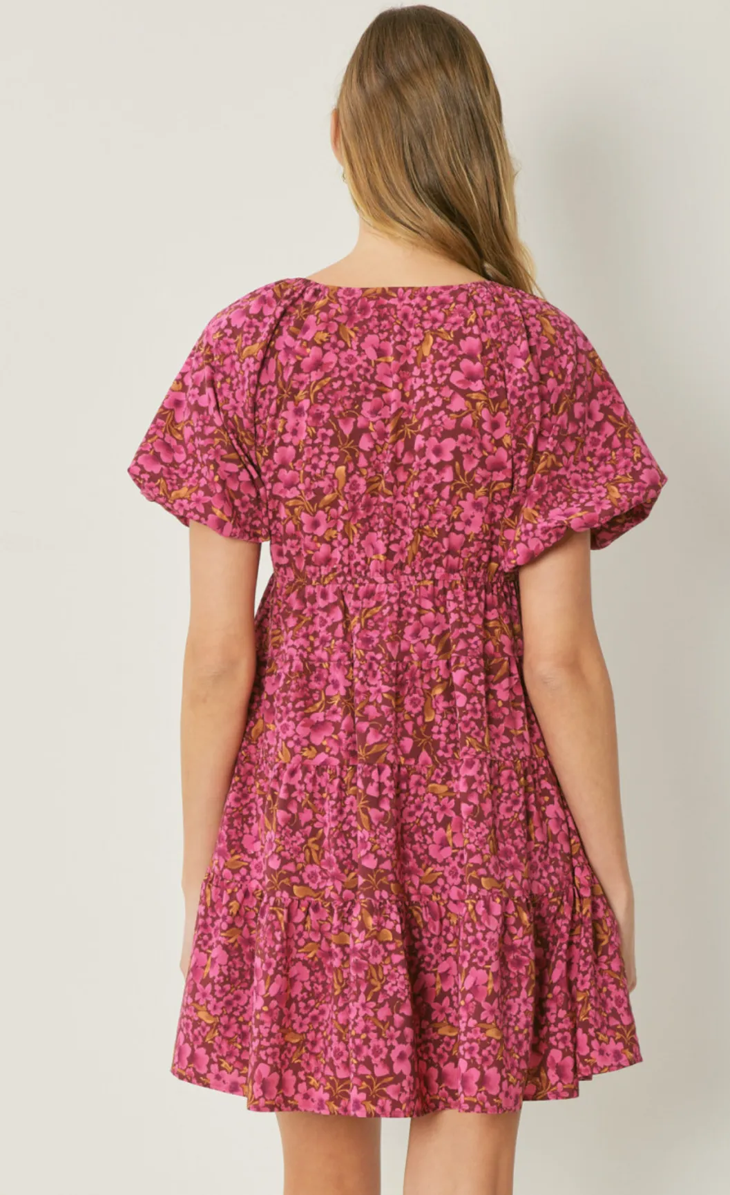 floral print v-neck bubble sleeve mini dress - burgundy