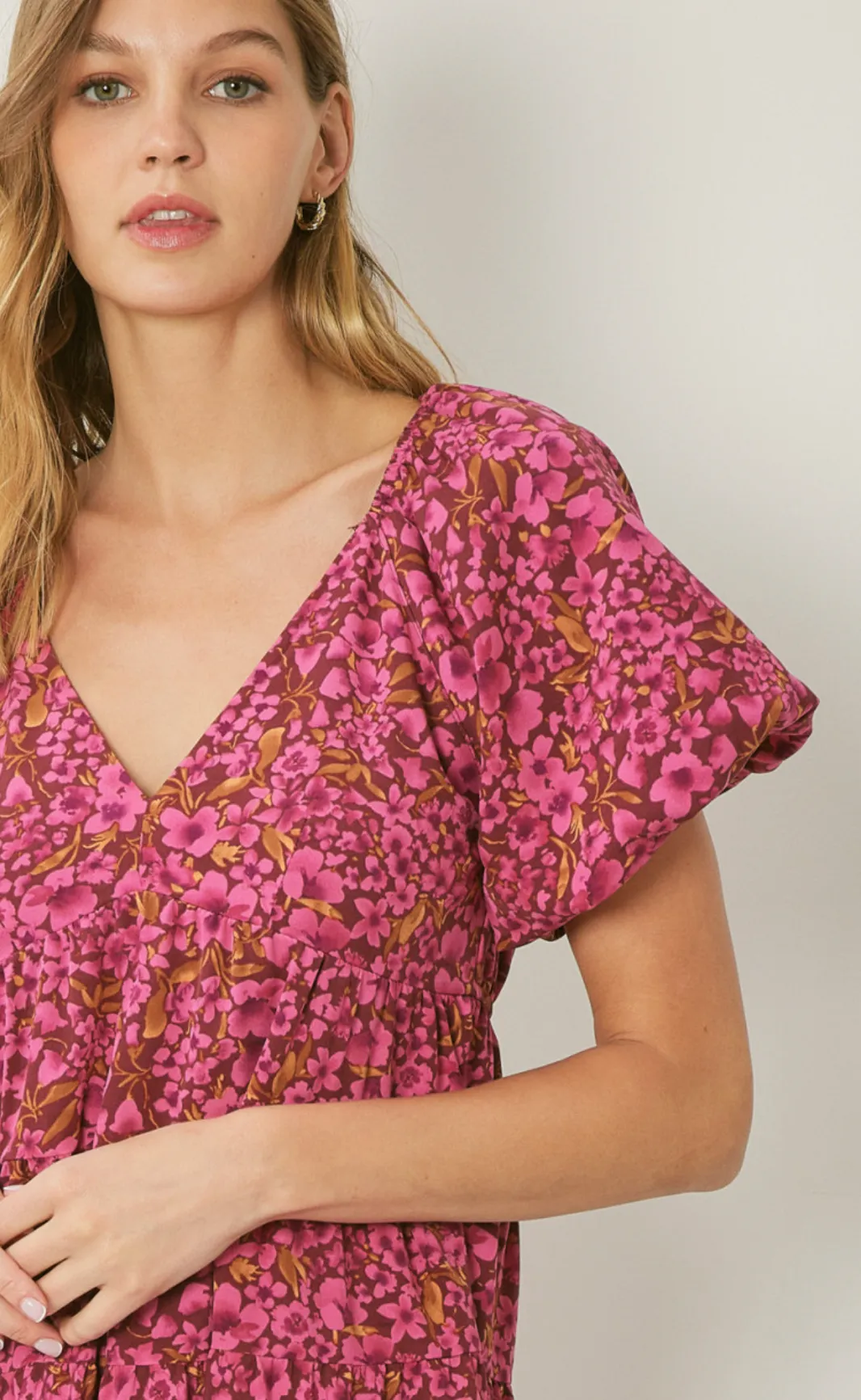 floral print v-neck bubble sleeve mini dress - burgundy