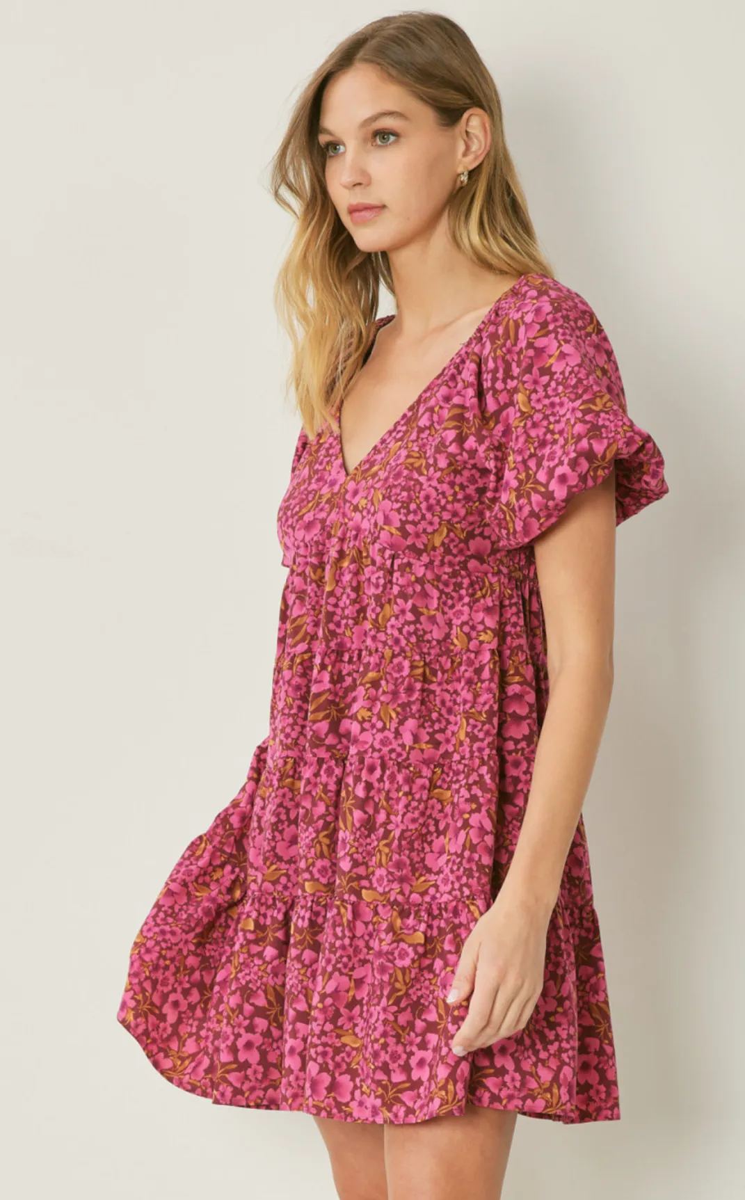 floral print v-neck bubble sleeve mini dress - burgundy