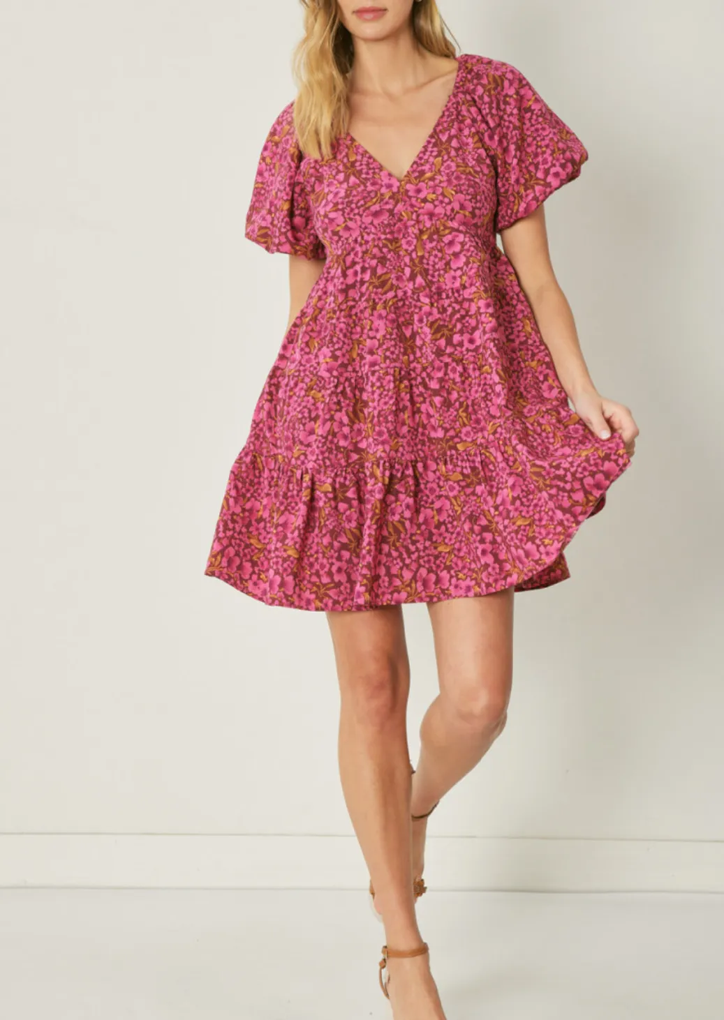 floral print v-neck bubble sleeve mini dress - burgundy