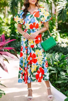 Get Set to Blossom: Notch Neck Floral Midi Dress on Shop Now