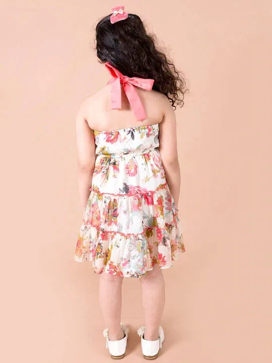 Girls Off White Red Floral Printed Chiffon Dress - Ps Peaches